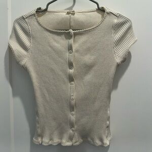 Free People Cream Ribbed Button-Down Top